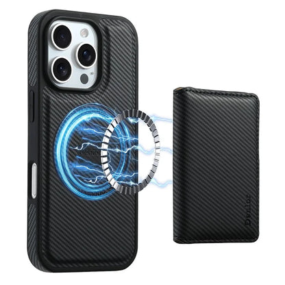 DENIOR For iPhone 16 Pro Max Magnetic Case Carbon Fiber Texture Leather Back Cover with Detachable Card Bag