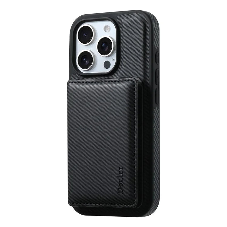 DENIOR For iPhone 16 Pro Max Magnetic Case Carbon Fiber Texture Leather Back Cover with Detachable Card Bag