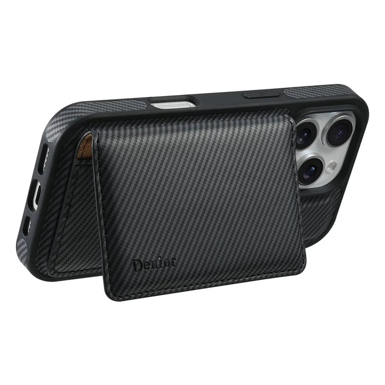 DENIOR For iPhone 16 Pro Max Magnetic Case Carbon Fiber Texture Leather Back Cover with Detachable Card Bag