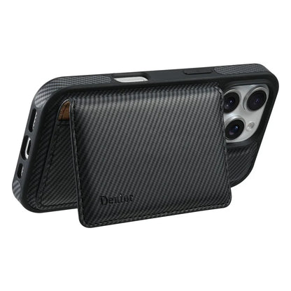 DENIOR For iPhone 16 Pro Max Magnetic Case Carbon Fiber Texture Leather Back Cover with Detachable Card Bag