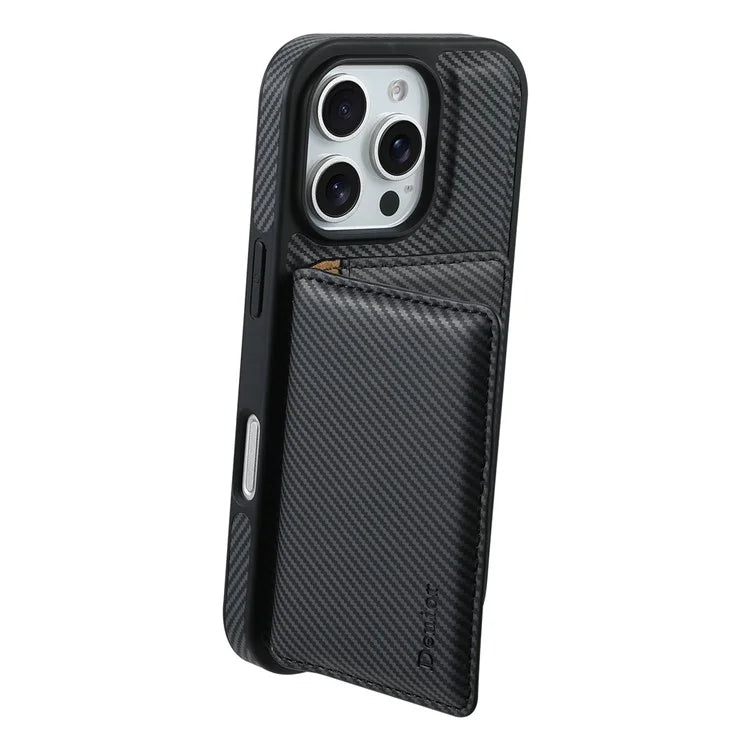 DENIOR For iPhone 16 Pro Max Magnetic Case Carbon Fiber Texture Leather Back Cover with Detachable Card Bag