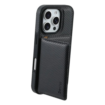 DENIOR For iPhone 16 Pro Max Magnetic Case Carbon Fiber Texture Leather Back Cover with Detachable Card Bag