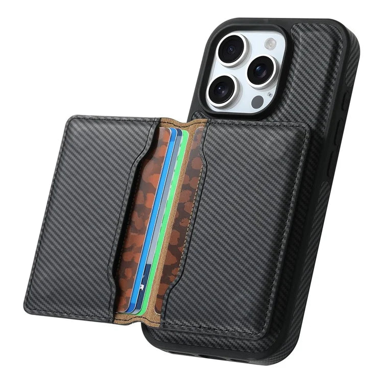 DENIOR For iPhone 16 Pro Max Magnetic Case Carbon Fiber Texture Leather Back Cover with Detachable Card Bag