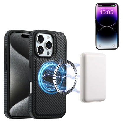 DENIOR For iPhone 16 Pro Max Magnetic Case Carbon Fiber Texture Leather Back Cover with Detachable Card Bag