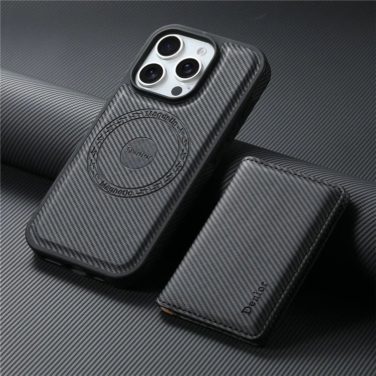 DENIOR For iPhone 16 Pro Max Magnetic Case Carbon Fiber Texture Leather Back Cover with Detachable Card Bag