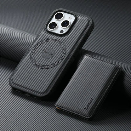 DENIOR For iPhone 16 Pro Max Magnetic Case Carbon Fiber Texture Leather Back Cover with Detachable Card Bag