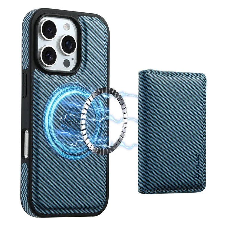 DENIOR For iPhone 16 Pro Max Magnetic Case Carbon Fiber Texture Leather Back Cover with Detachable Card Bag