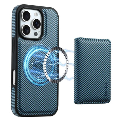 DENIOR For iPhone 16 Pro Max Magnetic Case Carbon Fiber Texture Leather Back Cover with Detachable Card Bag