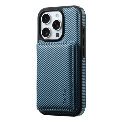 DENIOR For iPhone 16 Pro Max Magnetic Case Carbon Fiber Texture Leather Back Cover with Detachable Card Bag
