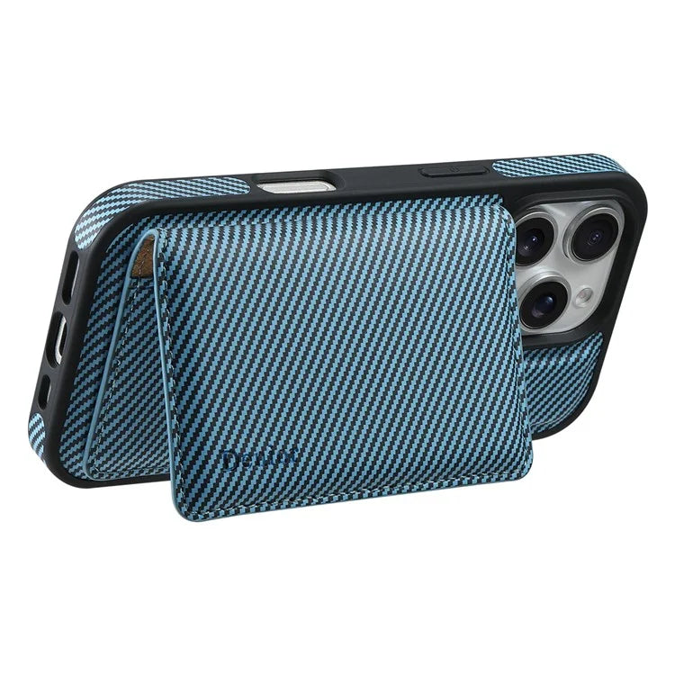 DENIOR For iPhone 16 Pro Max Magnetic Case Carbon Fiber Texture Leather Back Cover with Detachable Card Bag