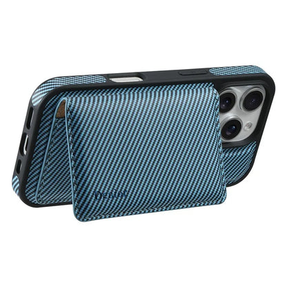 DENIOR For iPhone 16 Pro Max Magnetic Case Carbon Fiber Texture Leather Back Cover with Detachable Card Bag