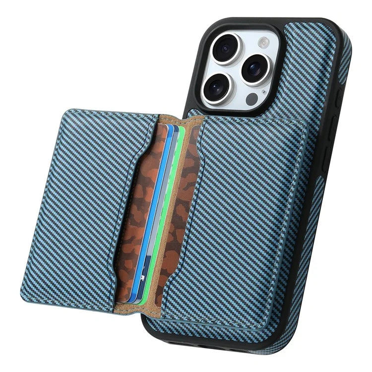 DENIOR For iPhone 16 Pro Max Magnetic Case Carbon Fiber Texture Leather Back Cover with Detachable Card Bag