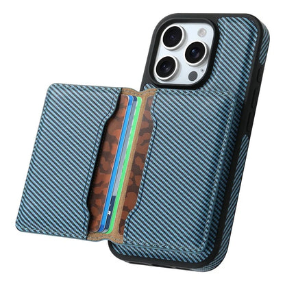 DENIOR For iPhone 16 Pro Max Magnetic Case Carbon Fiber Texture Leather Back Cover with Detachable Card Bag