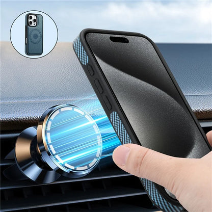 DENIOR For iPhone 16 Pro Max Magnetic Case Carbon Fiber Texture Leather Back Cover with Detachable Card Bag