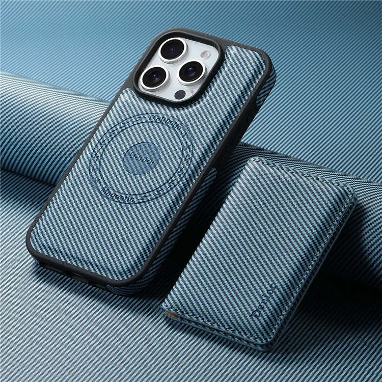 DENIOR For iPhone 16 Pro Max Magnetic Case Carbon Fiber Texture Leather Back Cover with Detachable Card Bag