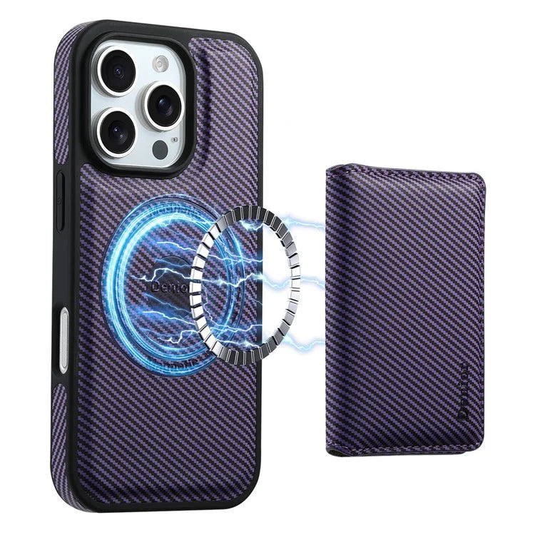 DENIOR For iPhone 16 Pro Max Magnetic Case Carbon Fiber Texture Leather Back Cover with Detachable Card Bag