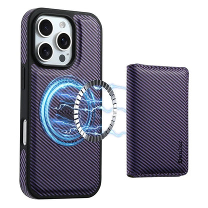 DENIOR For iPhone 16 Pro Max Magnetic Case Carbon Fiber Texture Leather Back Cover with Detachable Card Bag