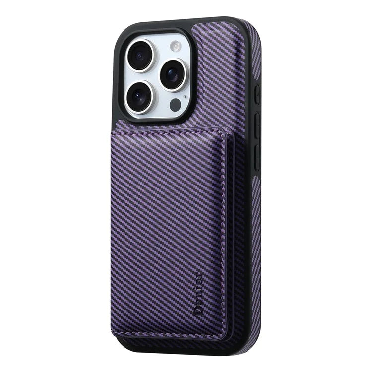 DENIOR For iPhone 16 Pro Max Magnetic Case Carbon Fiber Texture Leather Back Cover with Detachable Card Bag