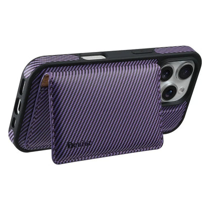 DENIOR For iPhone 16 Pro Max Magnetic Case Carbon Fiber Texture Leather Back Cover with Detachable Card Bag