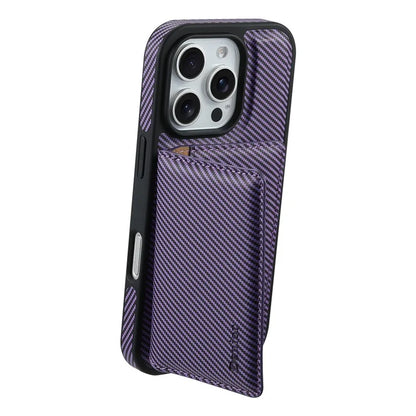 DENIOR For iPhone 16 Pro Max Magnetic Case Carbon Fiber Texture Leather Back Cover with Detachable Card Bag