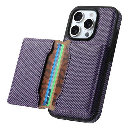 DENIOR For iPhone 16 Pro Max Magnetic Case Carbon Fiber Texture Leather Back Cover with Detachable Card Bag