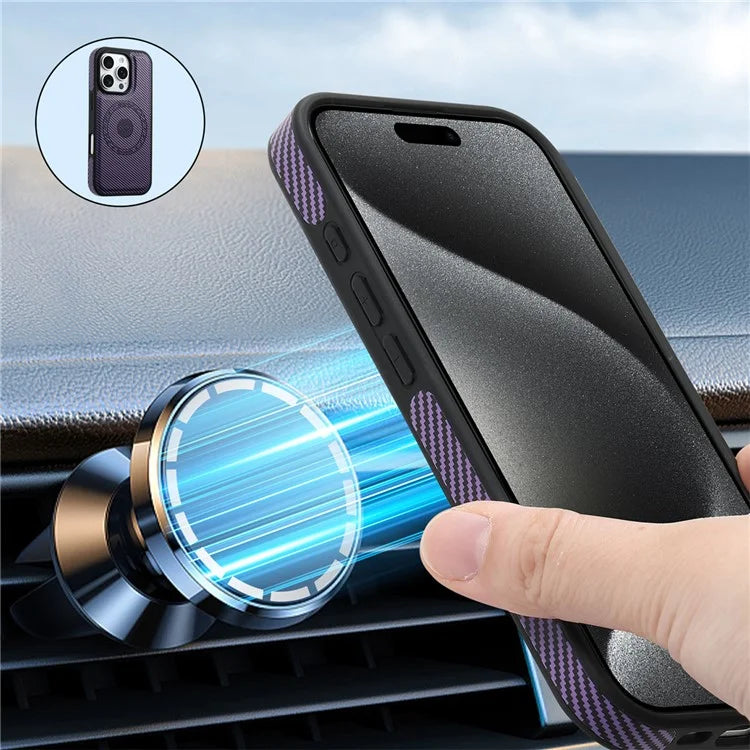 DENIOR For iPhone 16 Pro Max Magnetic Case Carbon Fiber Texture Leather Back Cover with Detachable Card Bag
