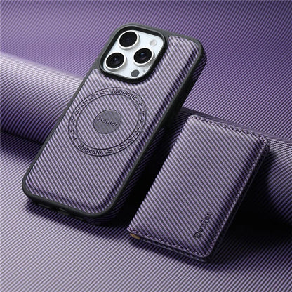 DENIOR For iPhone 16 Pro Max Magnetic Case Carbon Fiber Texture Leather Back Cover with Detachable Card Bag