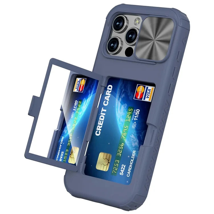 For iPhone 16 Pro Case Card Holder Mirror PC+TPU Phone Shell with Lens Cover