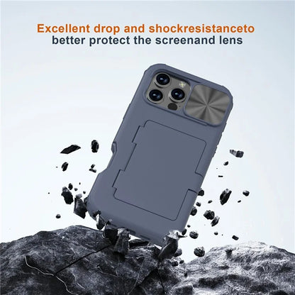 For iPhone 16 Pro Case Card Holder Mirror PC+TPU Phone Shell with Lens Cover