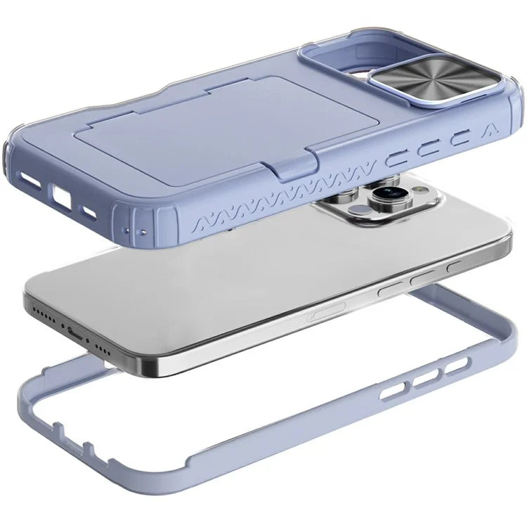 For iPhone 16 Pro Case Card Holder Mirror PC+TPU Phone Shell with Lens Cover