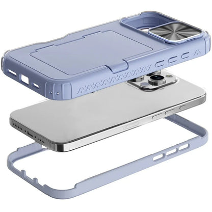 For iPhone 16 Pro Case Card Holder Mirror PC+TPU Phone Shell with Lens Cover