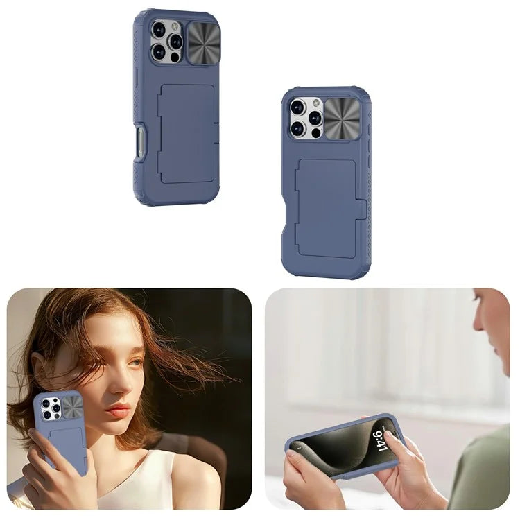 For iPhone 16 Pro Case Card Holder Mirror PC+TPU Phone Shell with Lens Cover