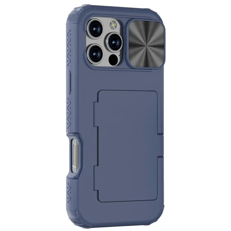 For iPhone 16 Pro Case Card Holder Mirror PC+TPU Phone Shell with Lens Cover