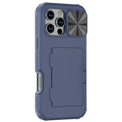 For iPhone 16 Pro Case Card Holder Mirror PC+TPU Phone Shell with Lens Cover