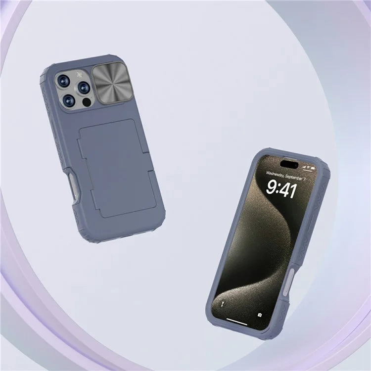 For iPhone 16 Pro Case Card Holder Mirror PC+TPU Phone Shell with Lens Cover