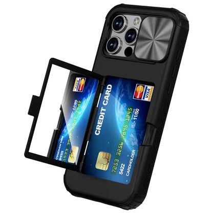 For iPhone 16 Pro Case Card Holder Mirror PC+TPU Phone Shell with Lens Cover