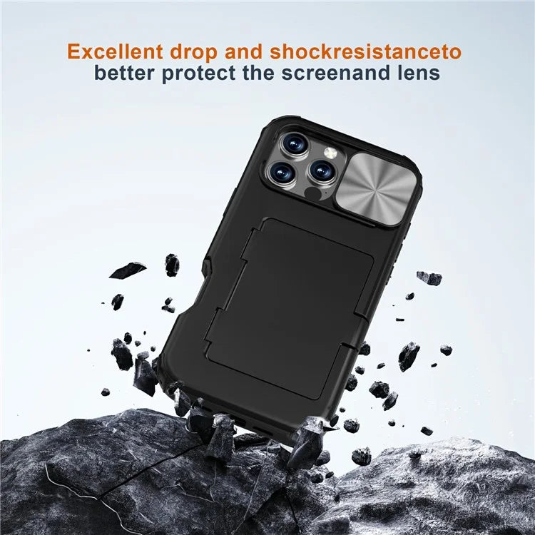 For iPhone 16 Pro Case Card Holder Mirror PC+TPU Phone Shell with Lens Cover