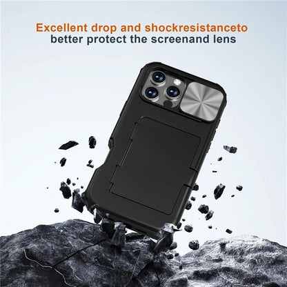 For iPhone 16 Pro Case Card Holder Mirror PC+TPU Phone Shell with Lens Cover