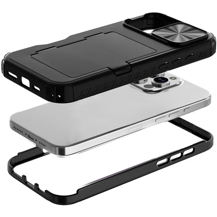 For iPhone 16 Pro Case Card Holder Mirror PC+TPU Phone Shell with Lens Cover