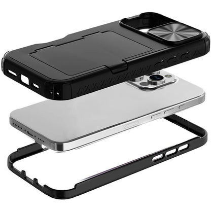 For iPhone 16 Pro Case Card Holder Mirror PC+TPU Phone Shell with Lens Cover