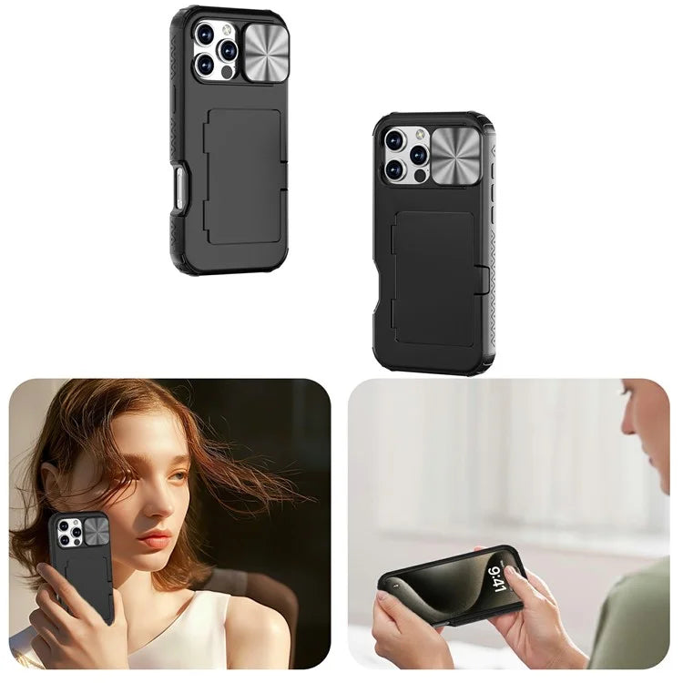 For iPhone 16 Pro Case Card Holder Mirror PC+TPU Phone Shell with Lens Cover