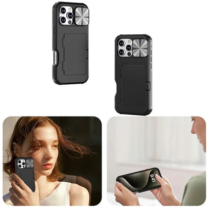 For iPhone 16 Pro Case Card Holder Mirror PC+TPU Phone Shell with Lens Cover