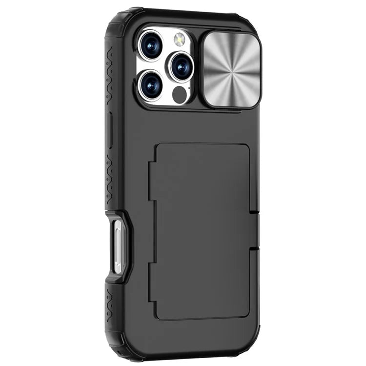 For iPhone 16 Pro Case Card Holder Mirror PC+TPU Phone Shell with Lens Cover