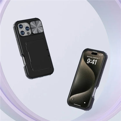 For iPhone 16 Pro Case Card Holder Mirror PC+TPU Phone Shell with Lens Cover