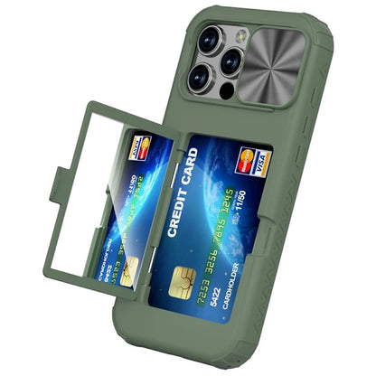 For iPhone 16 Pro Case Card Holder Mirror PC+TPU Phone Shell with Lens Cover
