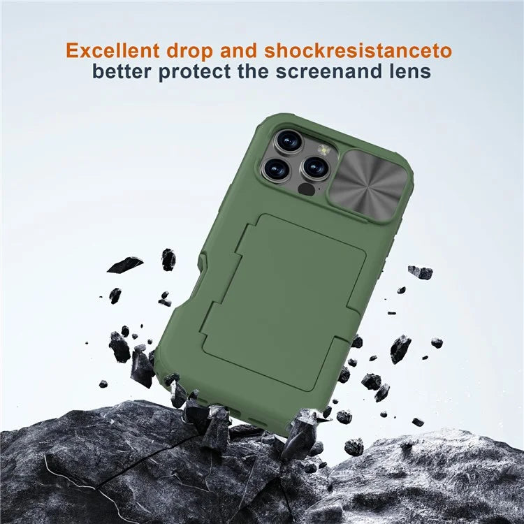 For iPhone 16 Pro Case Card Holder Mirror PC+TPU Phone Shell with Lens Cover