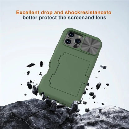 For iPhone 16 Pro Case Card Holder Mirror PC+TPU Phone Shell with Lens Cover
