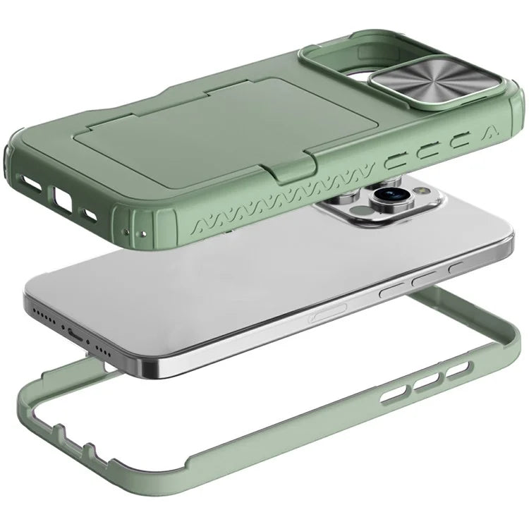 For iPhone 16 Pro Case Card Holder Mirror PC+TPU Phone Shell with Lens Cover