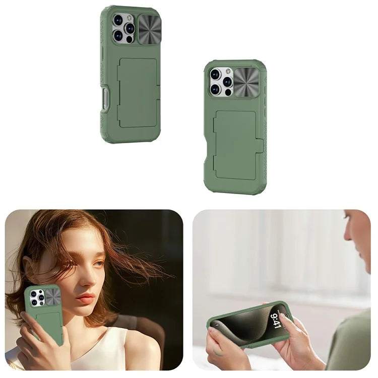 For iPhone 16 Pro Case Card Holder Mirror PC+TPU Phone Shell with Lens Cover