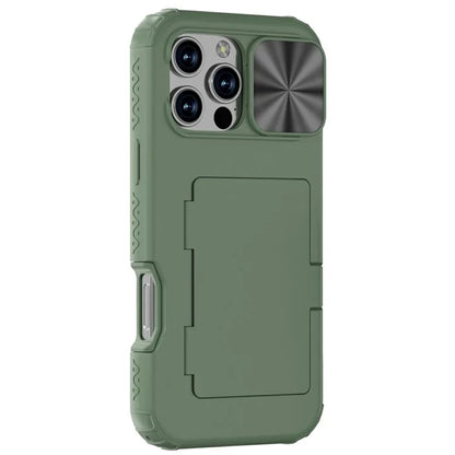 For iPhone 16 Pro Case Card Holder Mirror PC+TPU Phone Shell with Lens Cover